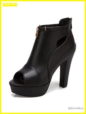 Women's Peep Toe Platform Ankle Boots with Synthetic PU Leather, Gold Lock